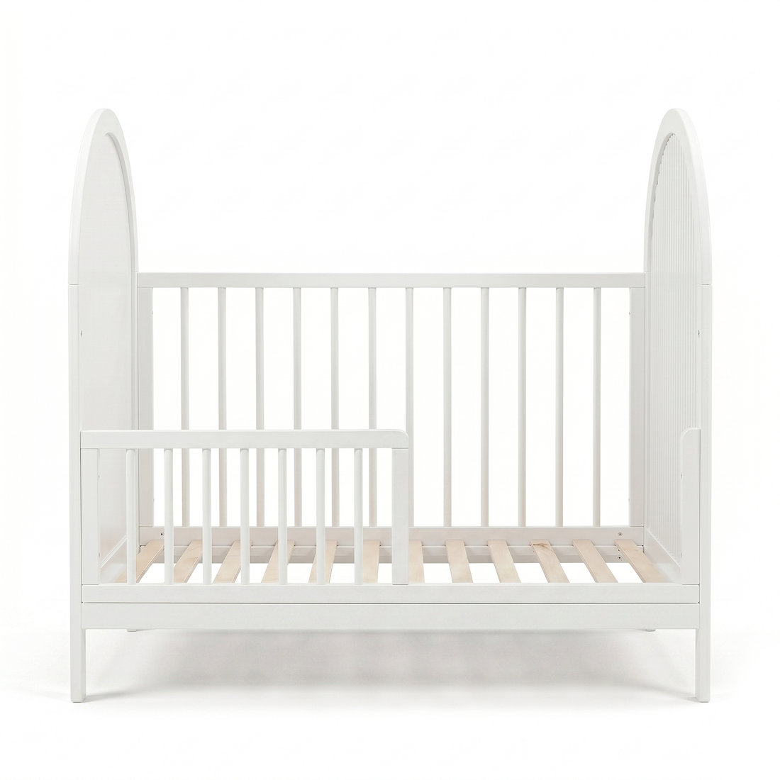 White toddler bed front view on a white background