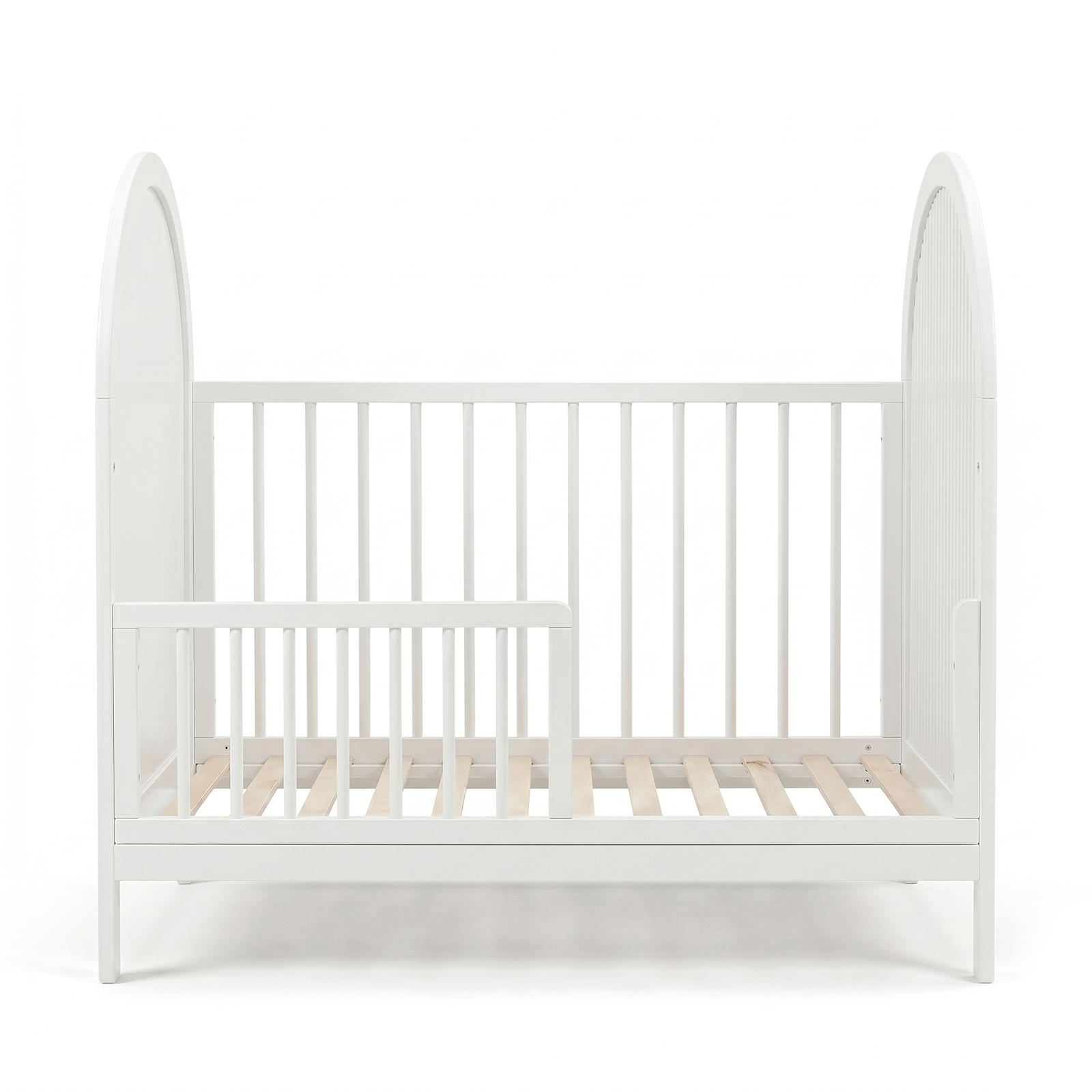 White toddler bed front view on a white background