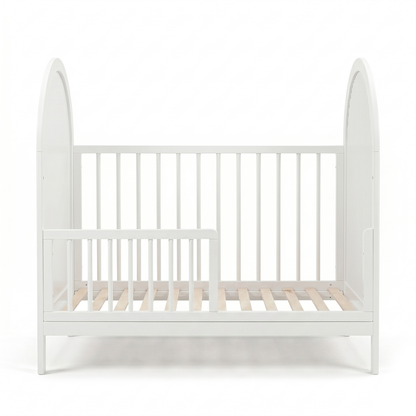 White toddler bed front view on a white background