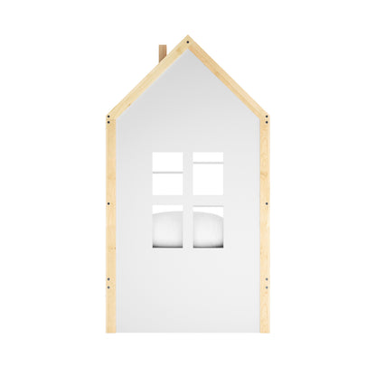Haron Single Cubby House Bed Storage in White & Natural features a house façade design with a peaked roof, four square windows, and a visible pillow, suggesting use as a bed headboard.