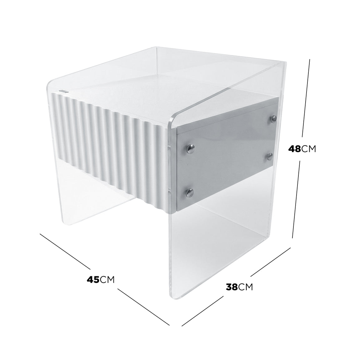Acrylic side table with dimensions overlay
