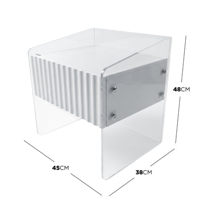 Acrylic side table with dimensions overlay