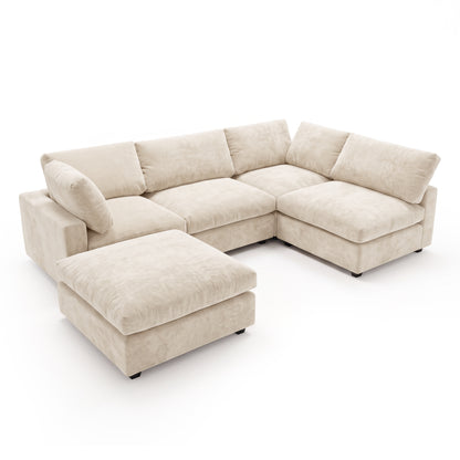 Light beige sectional sofa with ottoman on a white background