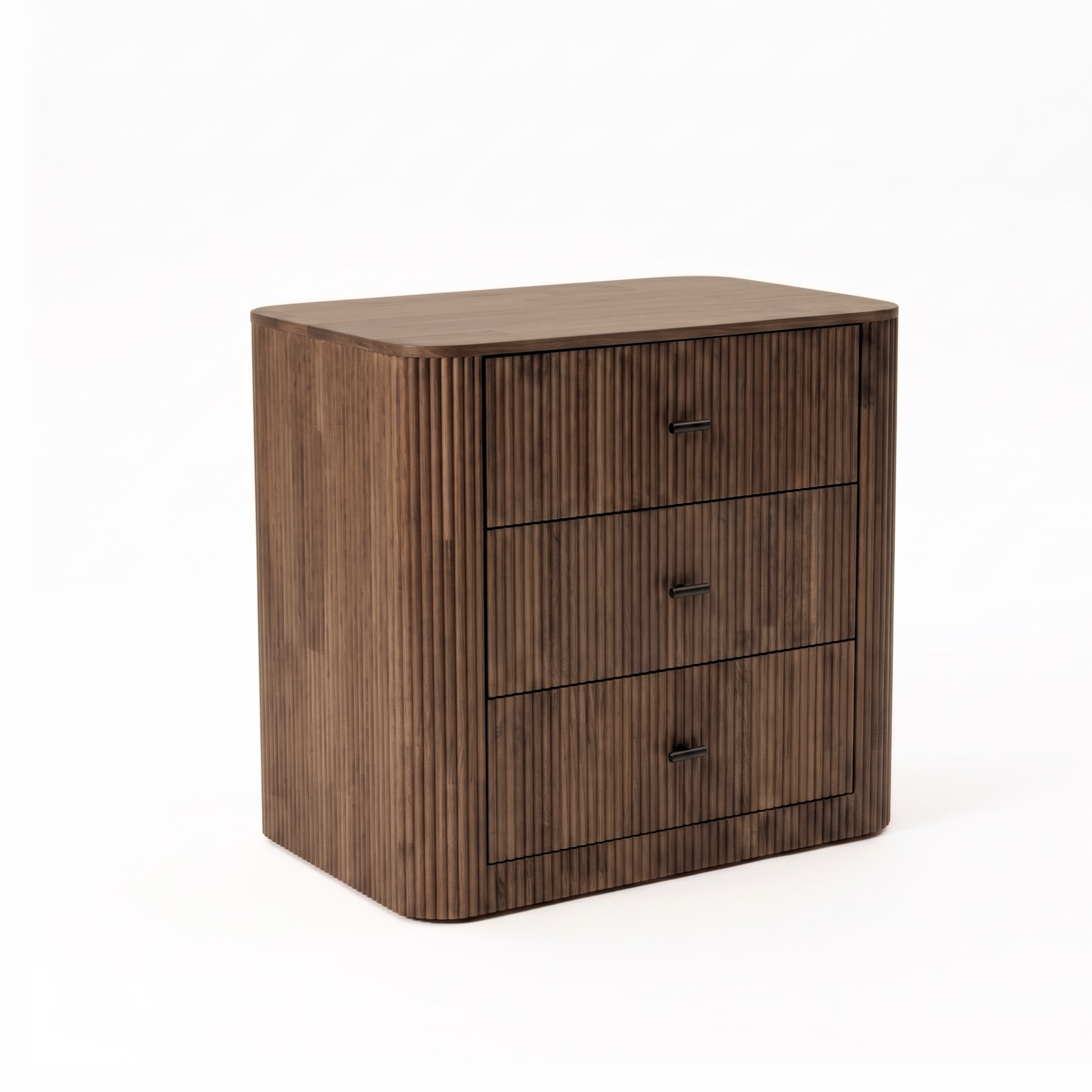 Dark wood three-drawer chest isolated on a white background