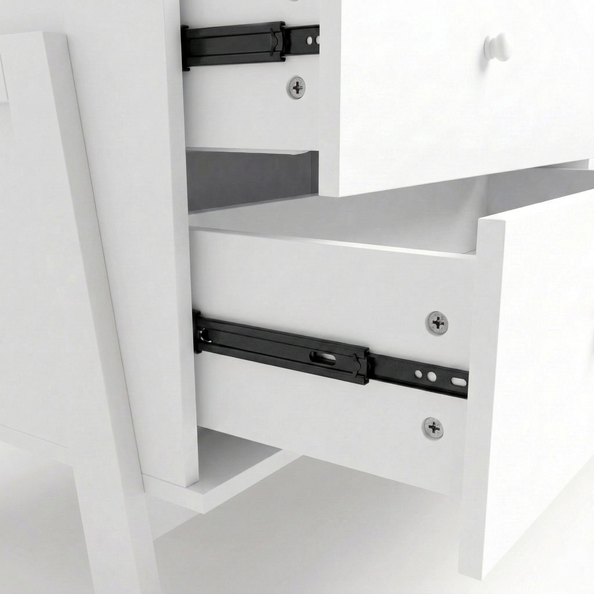 Close-up of drawer slide mechanism inside white dresser