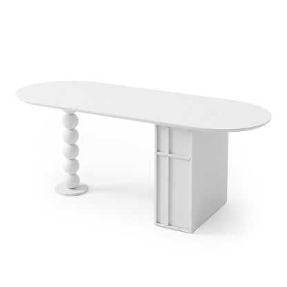 White modern oval table with a geometric pillar leg and stacked sphere leg on a white background