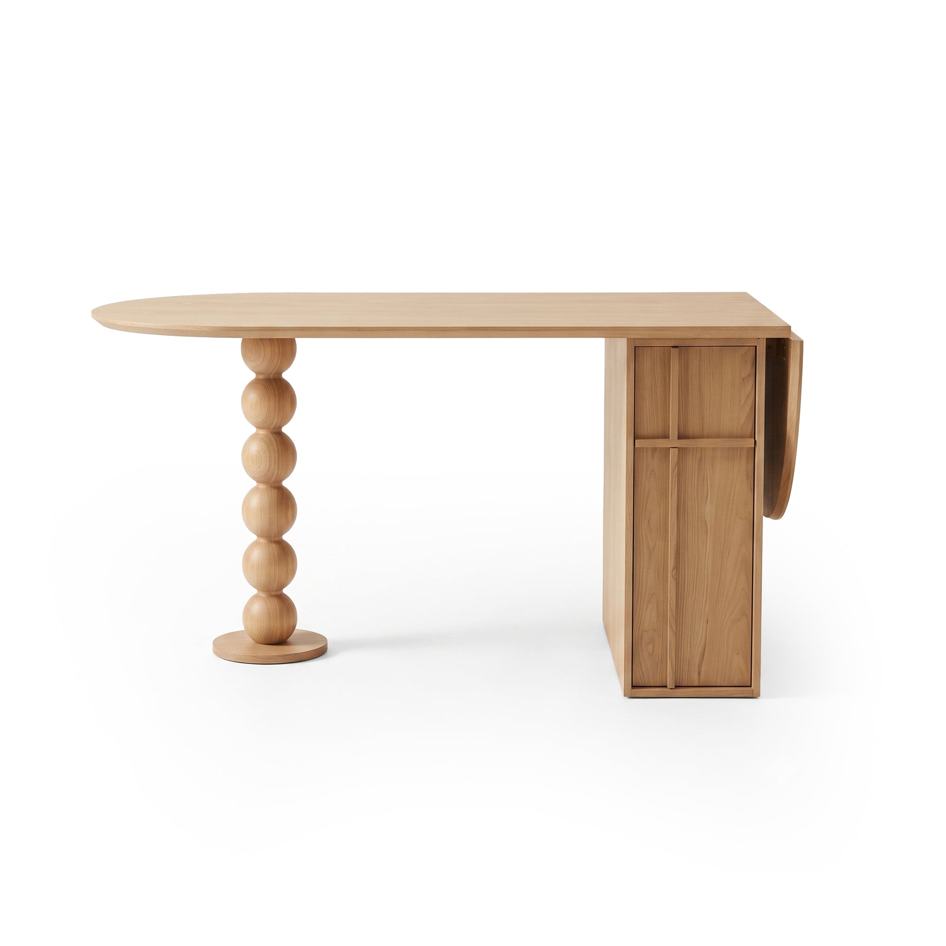 Contemporary wooden desk with rounded top and sculptural stacked-sphere leg on white background