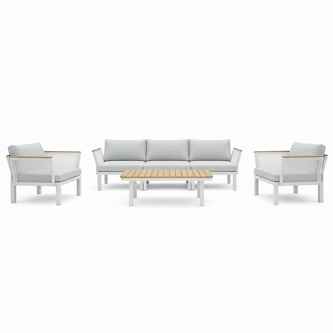 Sierra Outdoor Lounge Set in Grey: Modern three-seat sofa, two armchairs with light gray cushions, and a slatted light-wood coffee table, all framed in sleek white for a resort-style outdoor space.