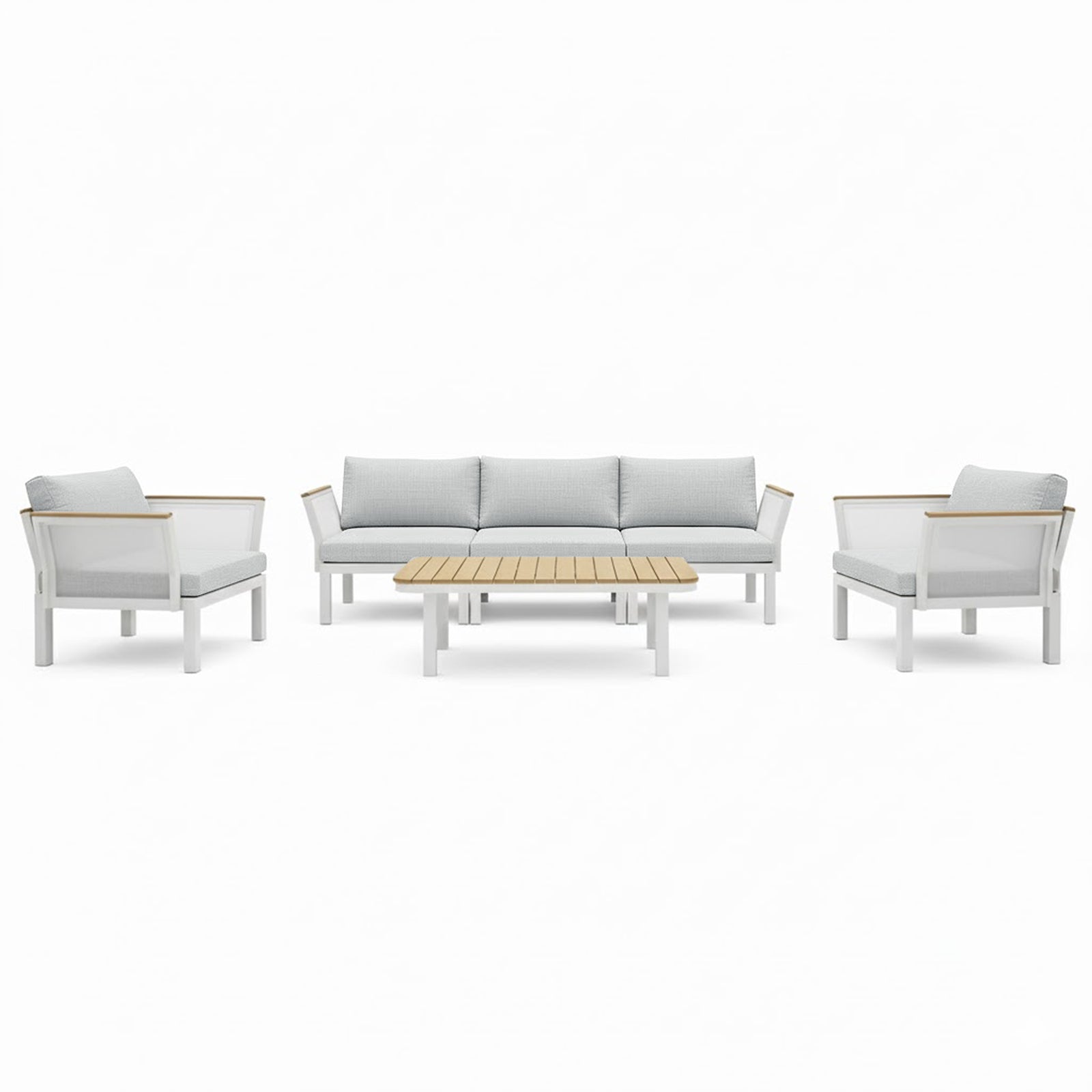 Sierra Outdoor Lounge Set in Grey: Modern three-seat sofa, two armchairs with light gray cushions, and a slatted light-wood coffee table, all framed in sleek white for a resort-style outdoor space.