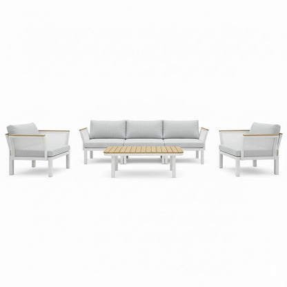 Sierra Outdoor Lounge Set in Grey: Modern three-seat sofa, two armchairs with light gray cushions, and a slatted light-wood coffee table, all framed in sleek white for a resort-style outdoor space.