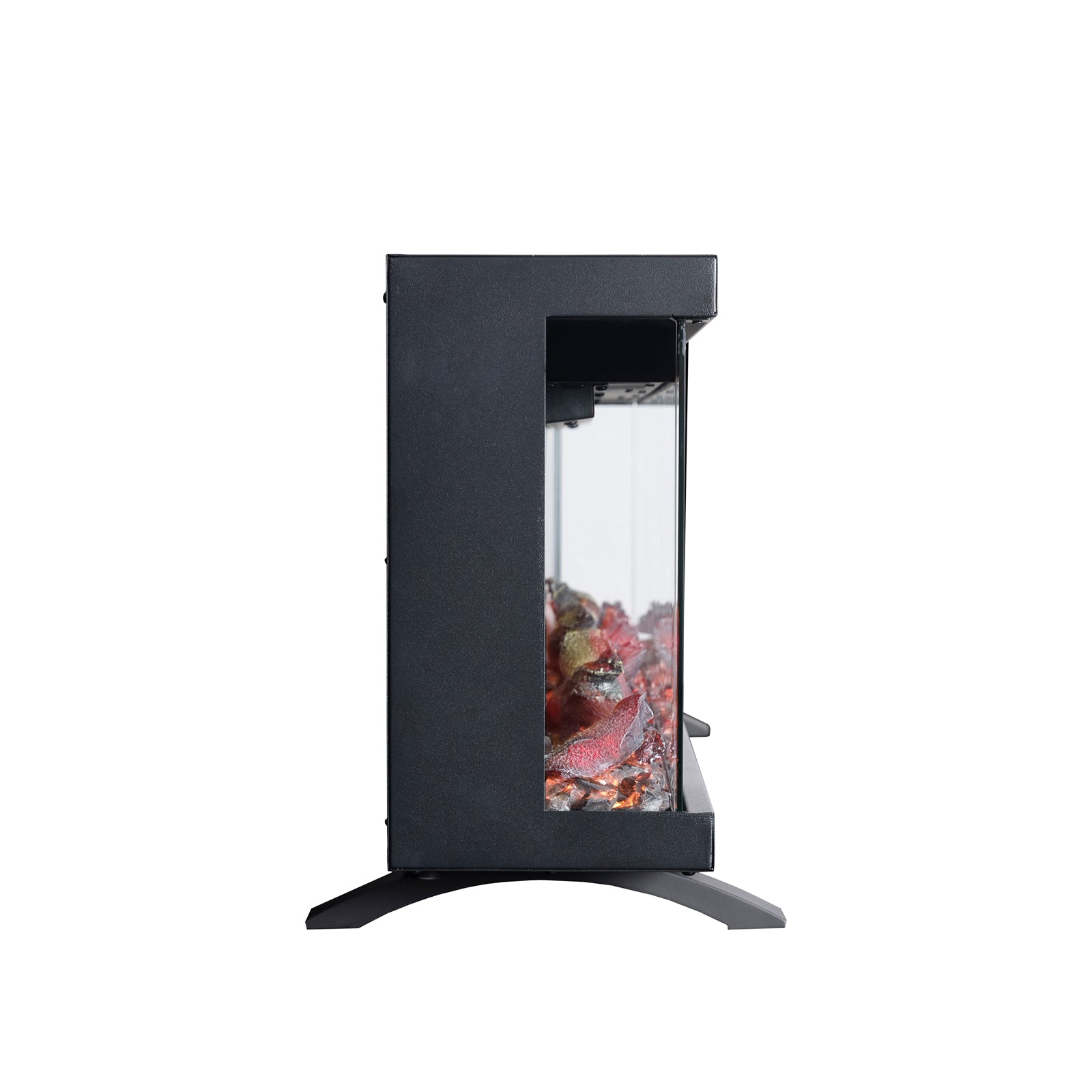 Side view of LEFBERIDA electric fireplace showing depth and internal logs on white background