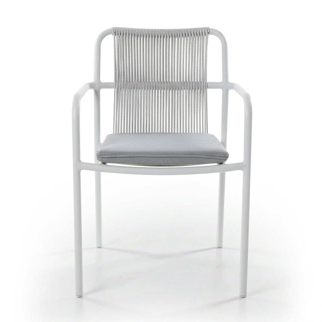 Evone 4 Seater Stone Outdoor Dining Table Set features a sleek stone tabletop and four modern armchairs with a slim white frame and woven-cord backrest, perfect for stylish alfresco dining.