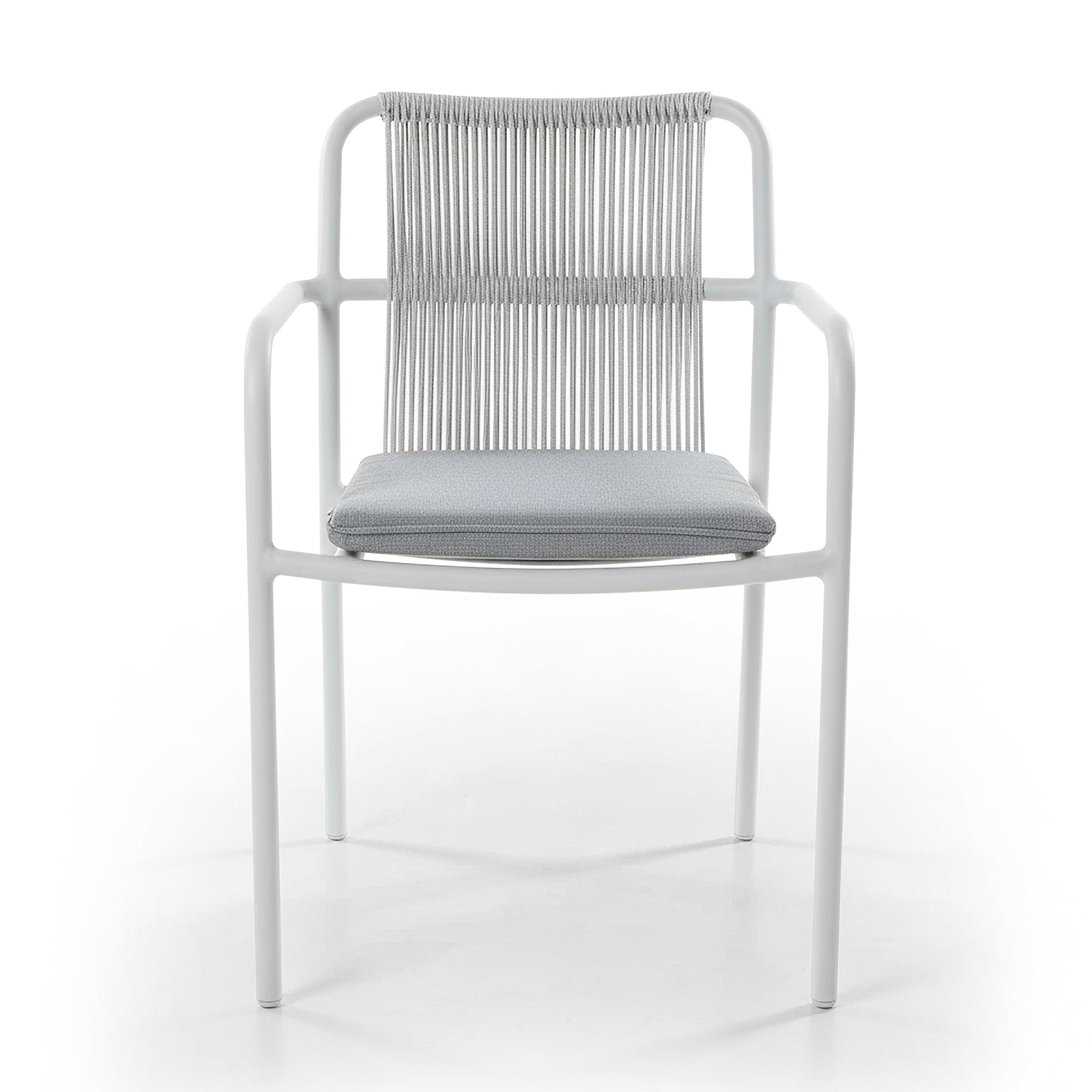 Evone 4 Seater Stone Outdoor Dining Table Set features a sleek stone tabletop and four modern armchairs with a slim white frame and woven-cord backrest, perfect for stylish alfresco dining.