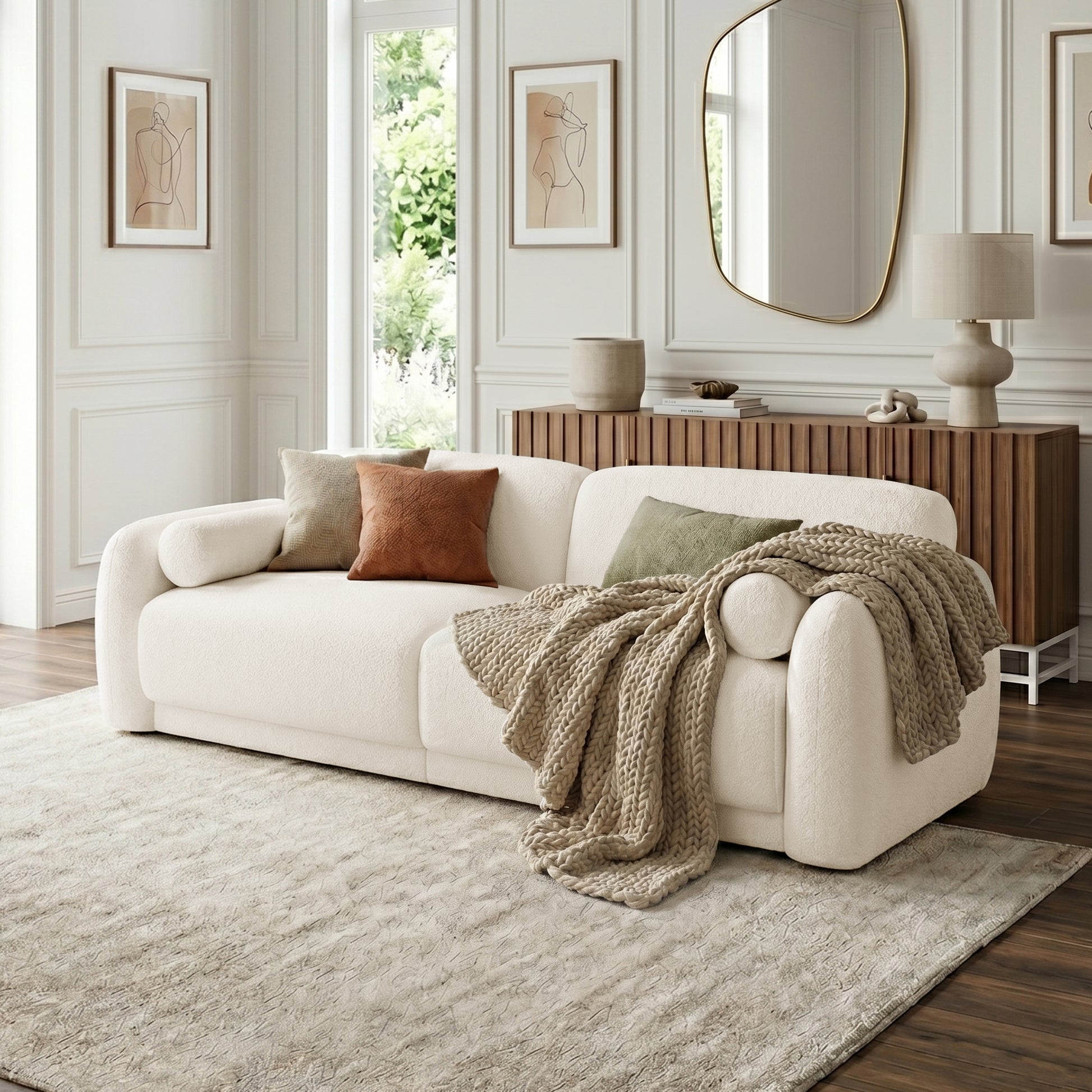 Cream-colored sofa styled in a living room with throw pillows and decorative elements