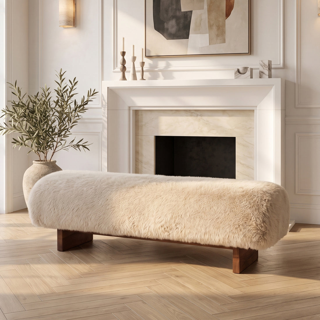 Beige faux fur bench styled in a modern living room
