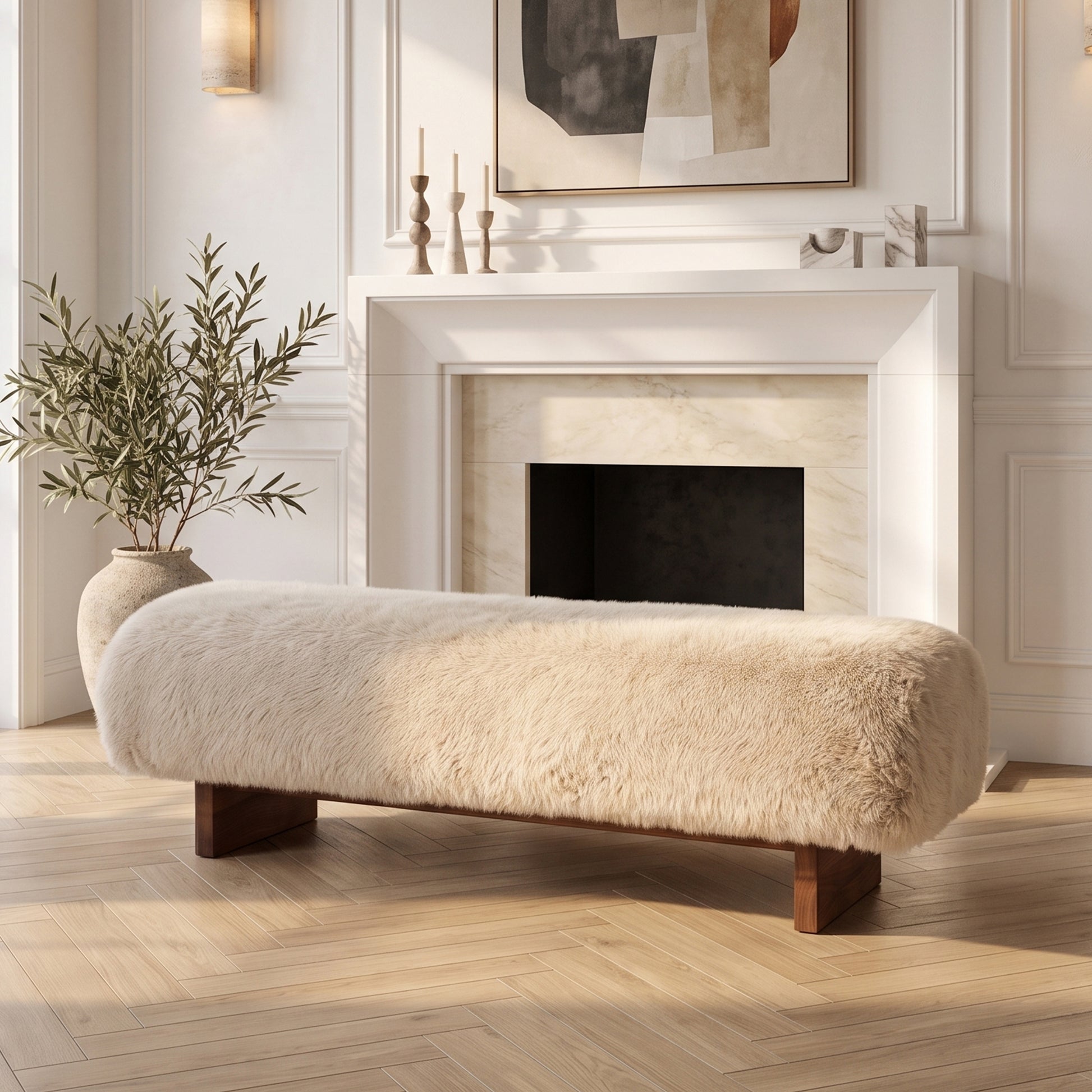 Beige faux fur bench styled in a modern living room