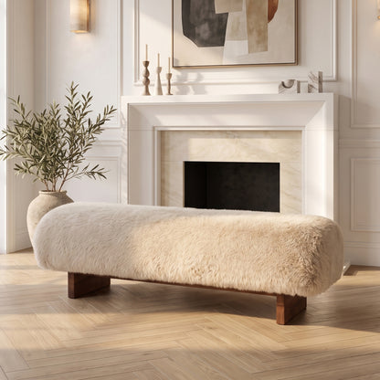Beige faux fur bench styled in a modern living room