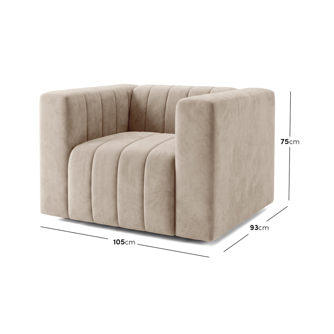 Beige armchair on white background with dimensions labeled 105cm wide, 93cm deep, and 75cm high