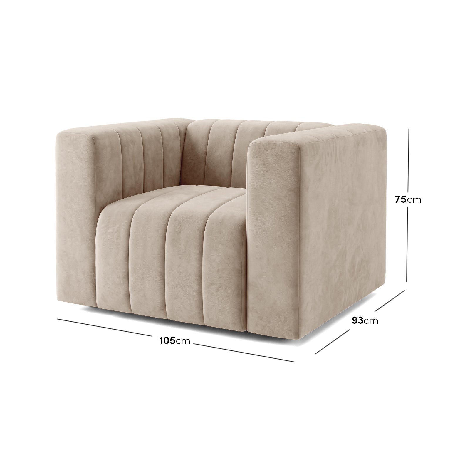 Beige armchair on white background with dimensions labeled 105cm wide, 93cm deep, and 75cm high