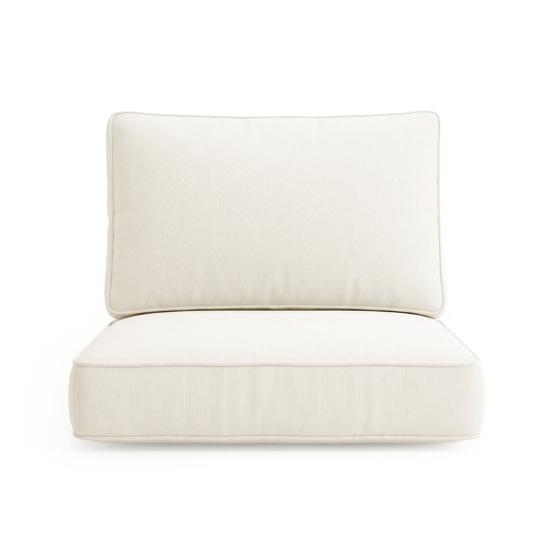 Close-up of Vernon Outdoor Cushion Covers Set of 5 in Cream White, showcasing the plush, upholstered backrest and seat cushions against a white background, highlighting their tailored fit for outdoor lounges.
