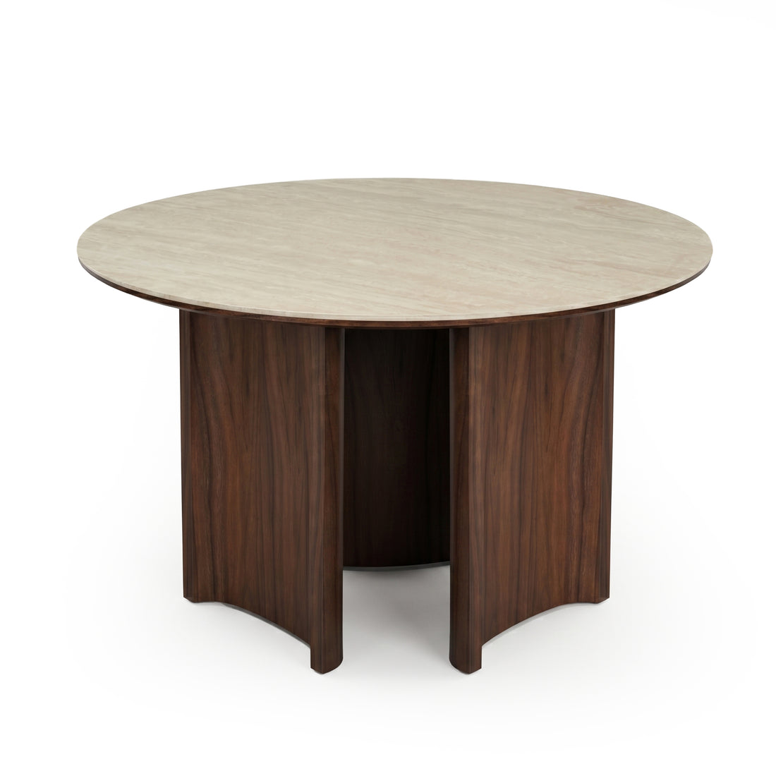 Round dining table with dark wood base on a white background