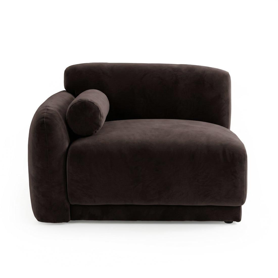 Dark brown armless lounge module with rounded edges and bolster pillow on white background