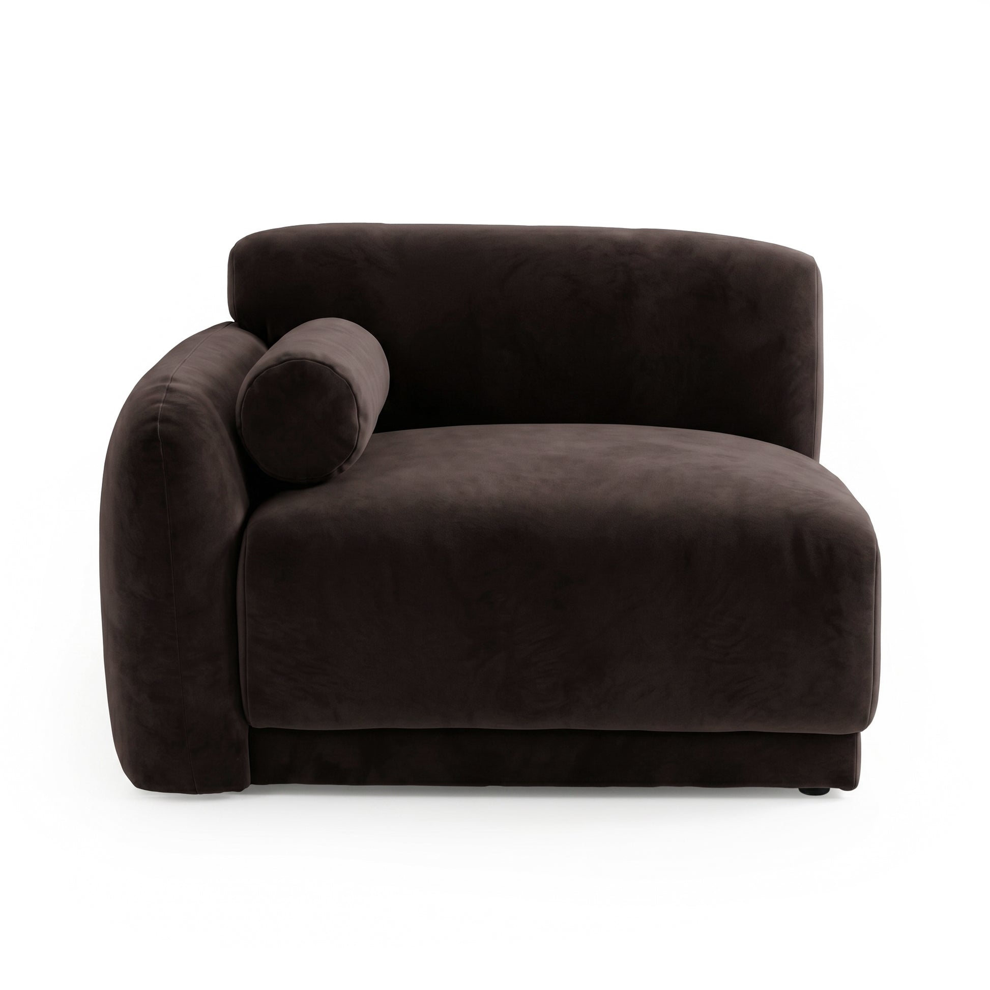 Dark brown armless lounge module with rounded edges and bolster pillow on white background