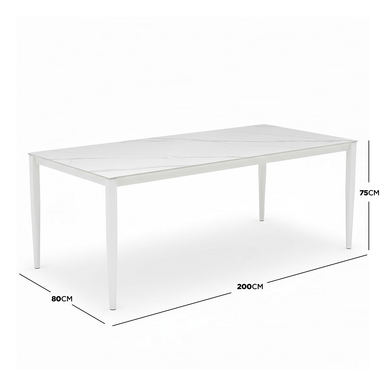 Cabria 9 Piece Sintered Stone Outdoor Dining Set features a 200 cm long white marble-effect table with slim white metal legs, ideal for stylish, low-maintenance alfresco dining.
