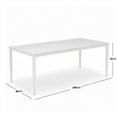 Cabria 9 Piece Sintered Stone Outdoor Dining Set features a 200 cm long white marble-effect table with slim white metal legs, ideal for stylish, low-maintenance alfresco dining.