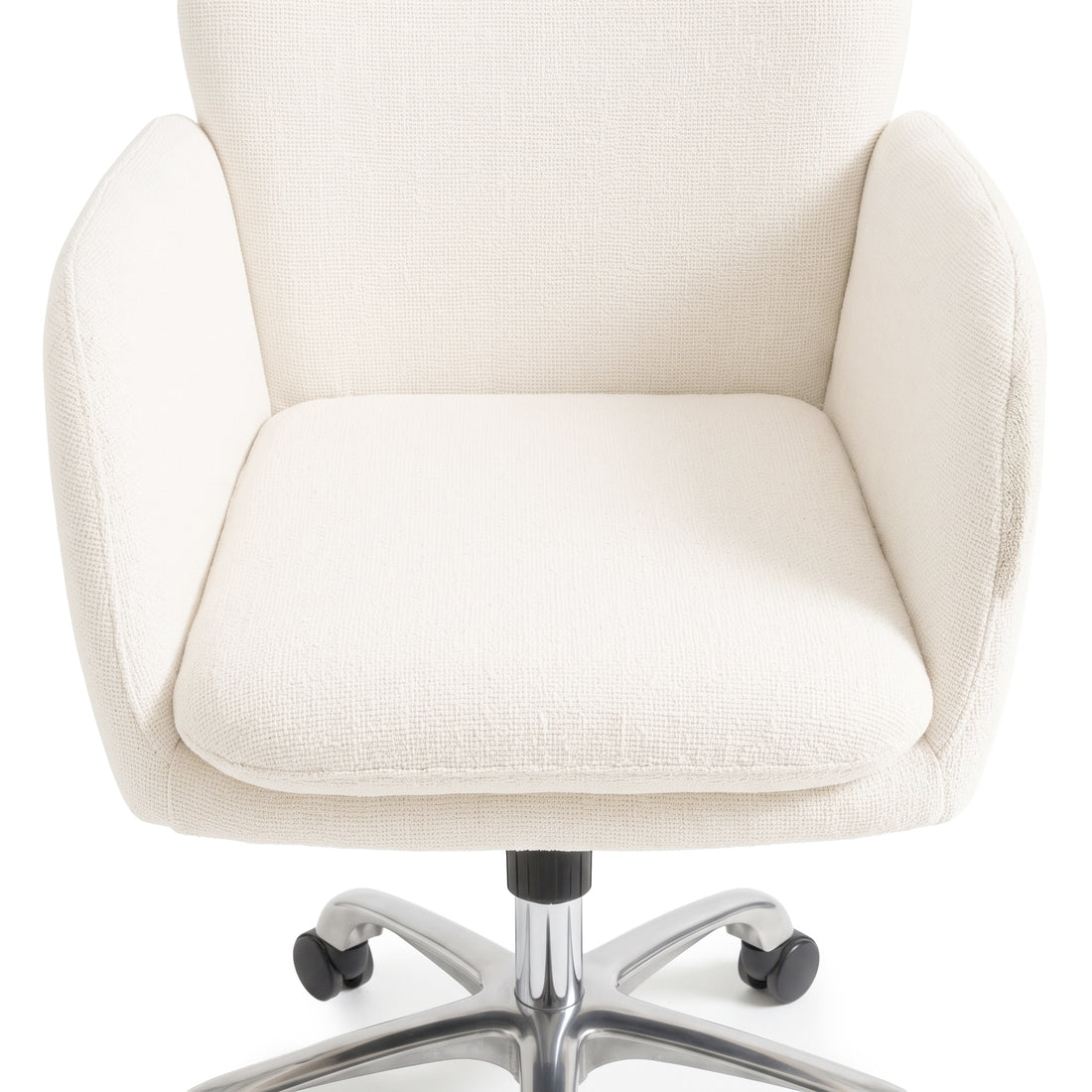 Partial view of a cream upholstered office chair with armrests and part of the base on a white background