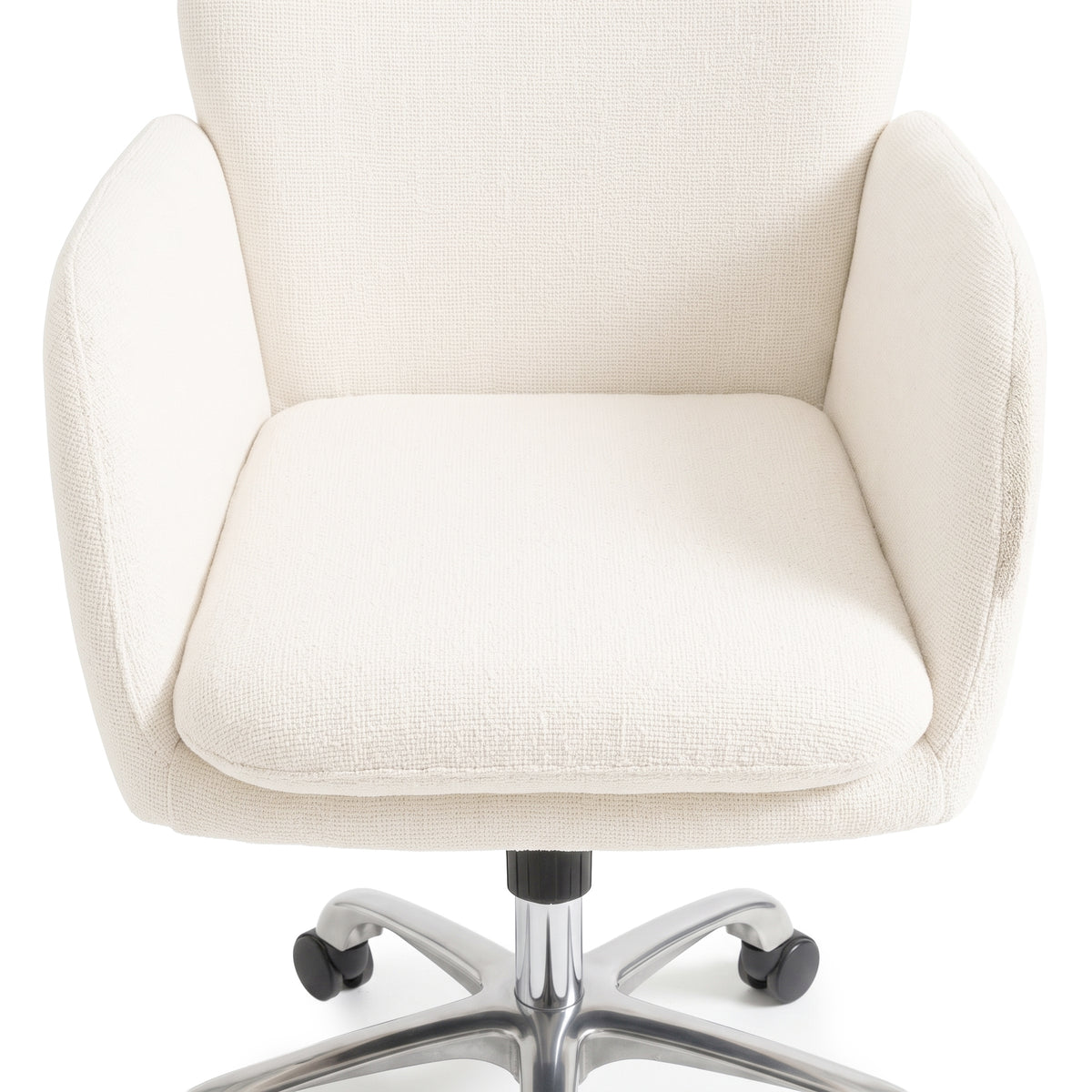 Partial view of a cream upholstered office chair with armrests and part of the base on a white background