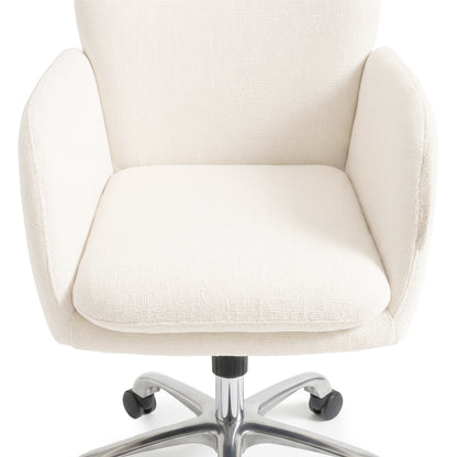 Partial view of a cream upholstered office chair with armrests and part of the base on a white background