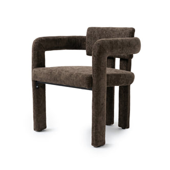 Modern dark brown upholstered chair on a white background at a slight angle