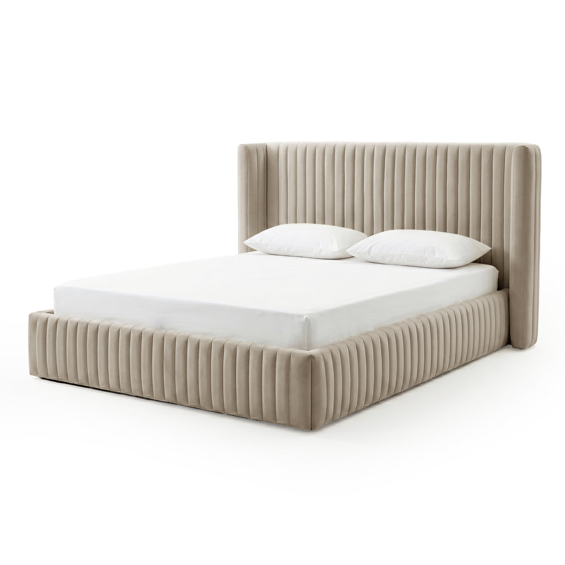 Modern upholstered bed with vertical channel tufting on a white background