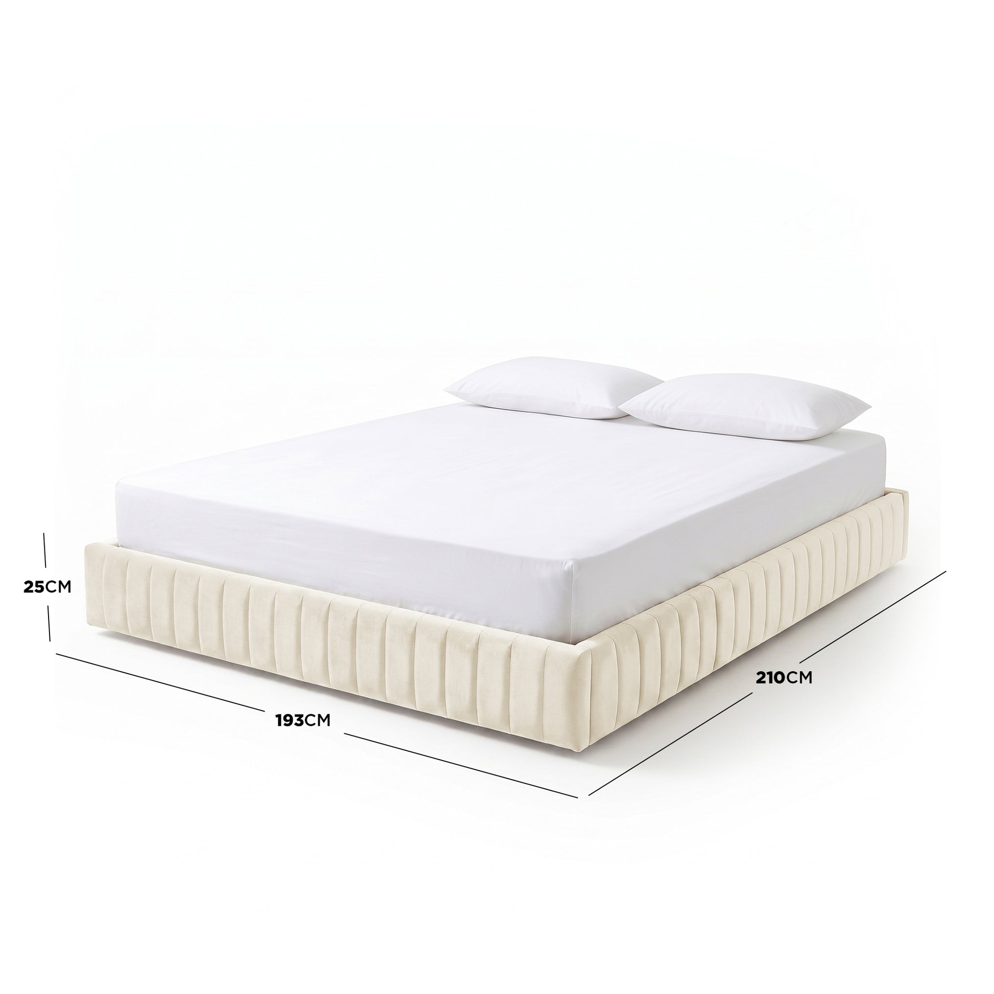 Upholstered bed with mattress and pillows on white background with dimensions annotated (193×210×25 cm)