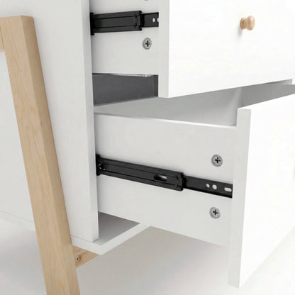 Detail shot of dresser drawer slide mechanism and wooden knobs on a white background