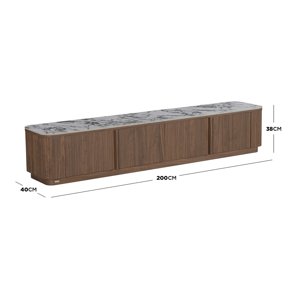 Walnut wood TV stand with marble-effect top shown with dimensions on a white background