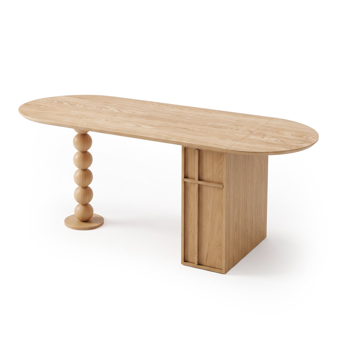 Oval wooden table on a white background with stacked-sphere leg and rectangular storage base