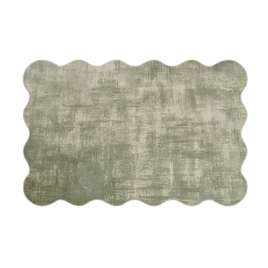 Full view of a green scalloped-edge rug on a white background