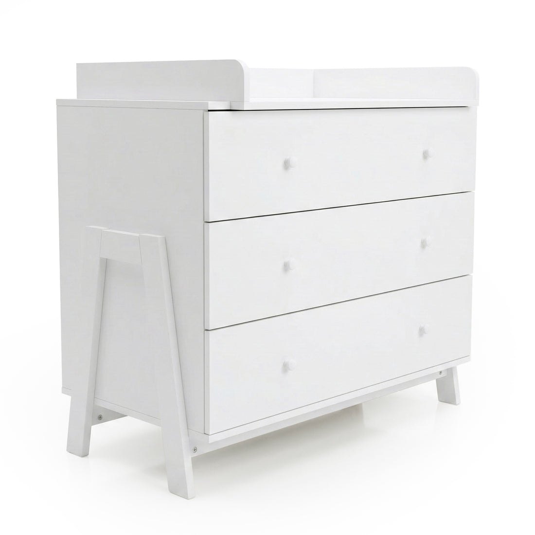 Angled view of white three-drawer dresser with raised changing tray