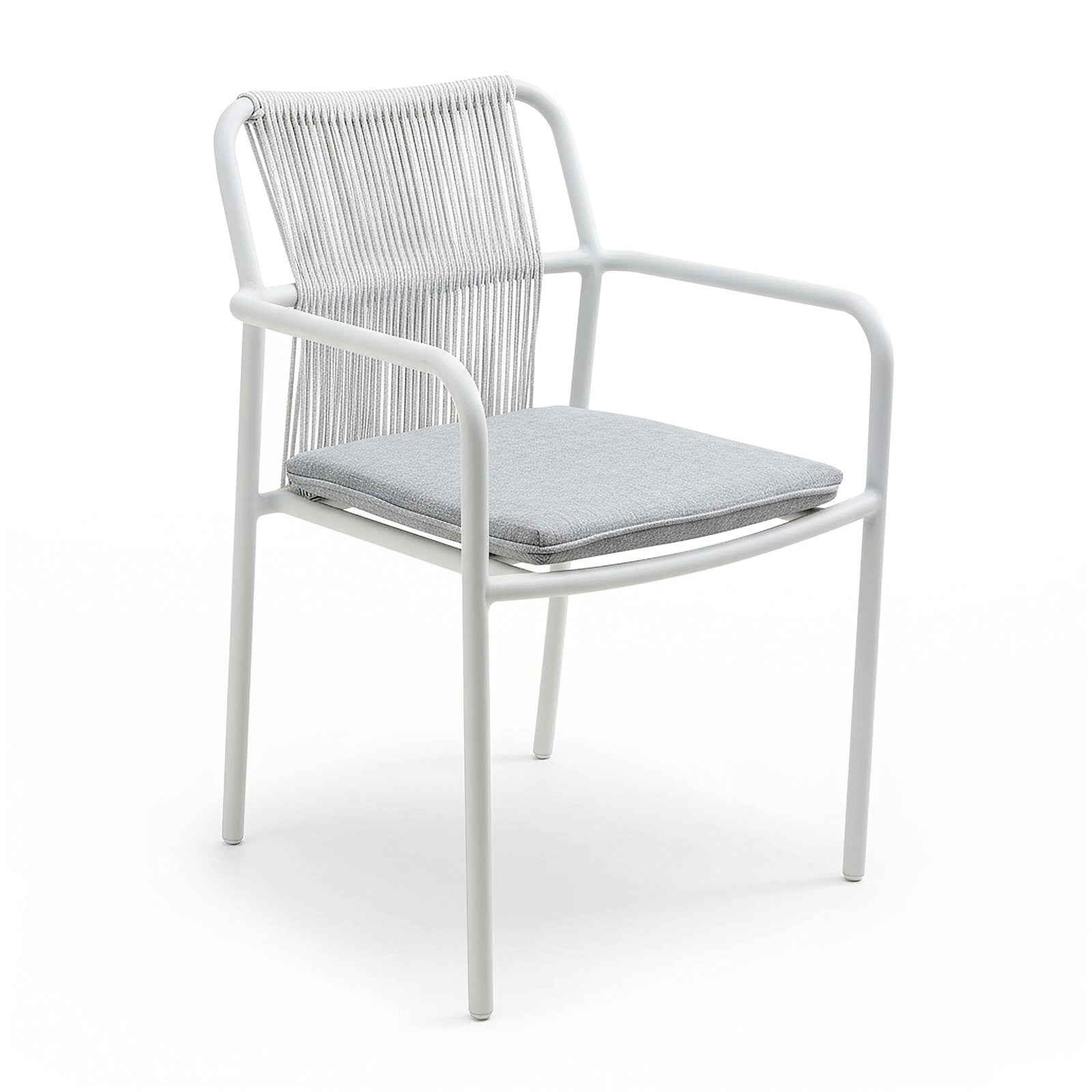 Evone Aluminium Rope Outdoor Dining Chair in Light Grey features a white metal frame, woven rope backrest, and a light gray, square seat cushion, embodying modern coastal elegance for outdoor dining.