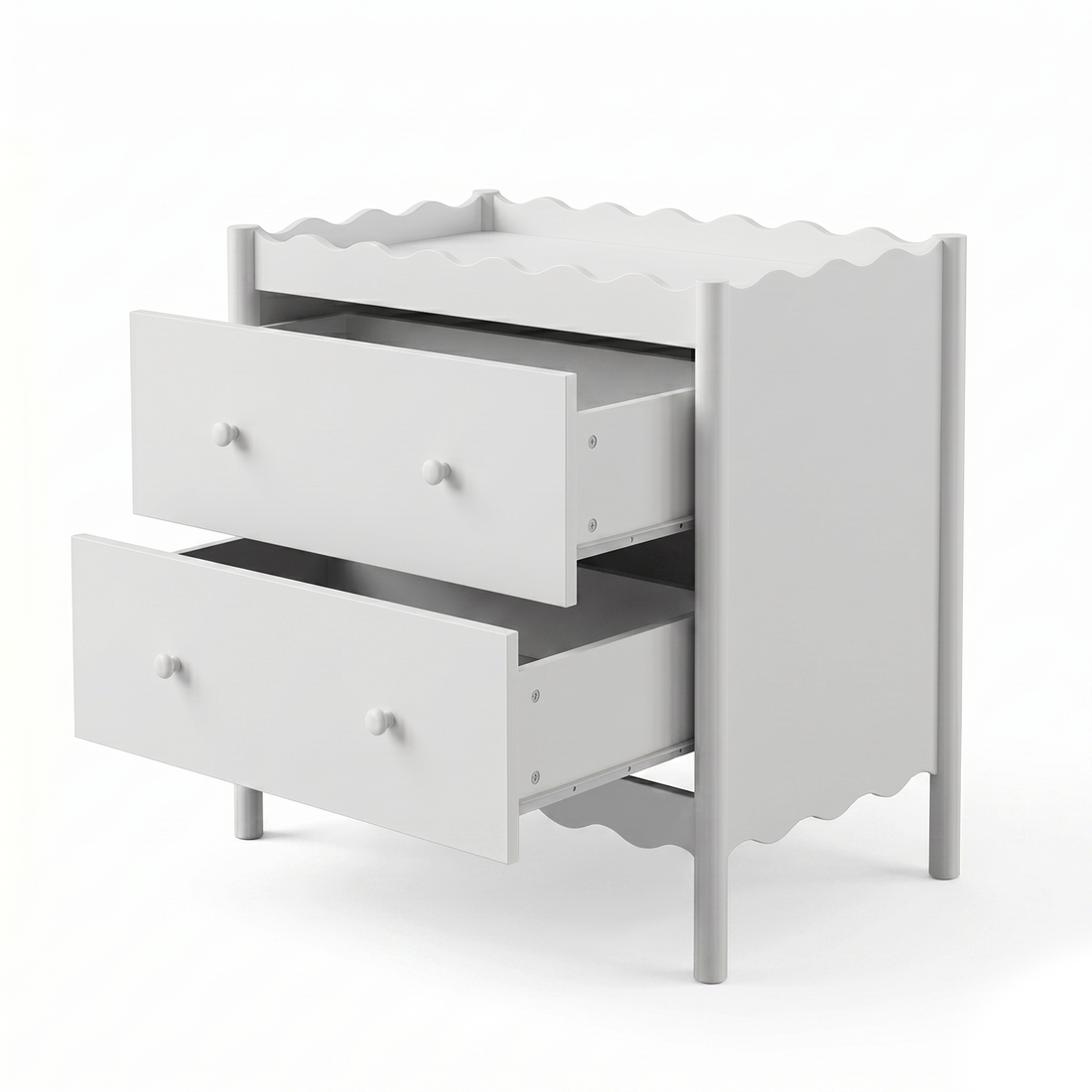 White two-drawer dresser with open drawers on a white background
