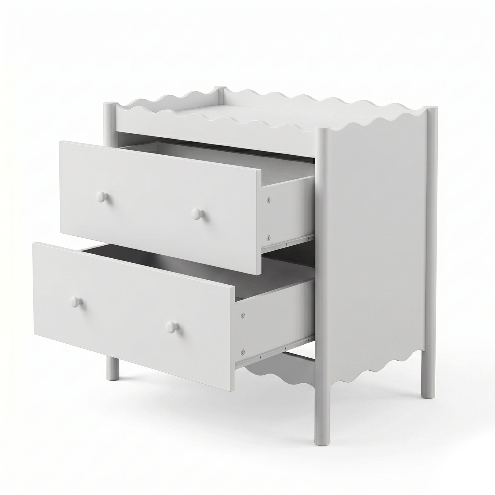 White two-drawer dresser with open drawers on a white background