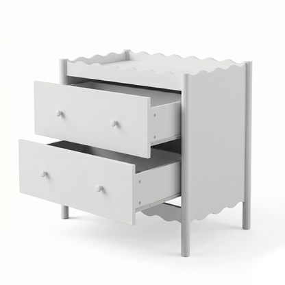 White two-drawer dresser with open drawers on a white background