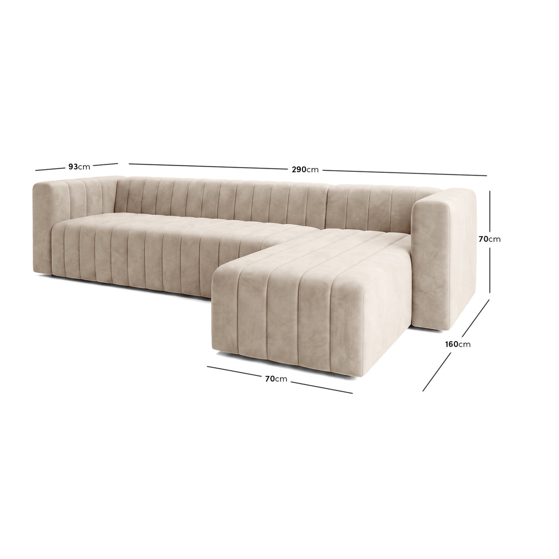 Sectional sofa with chaise and dimension measurements on a white background