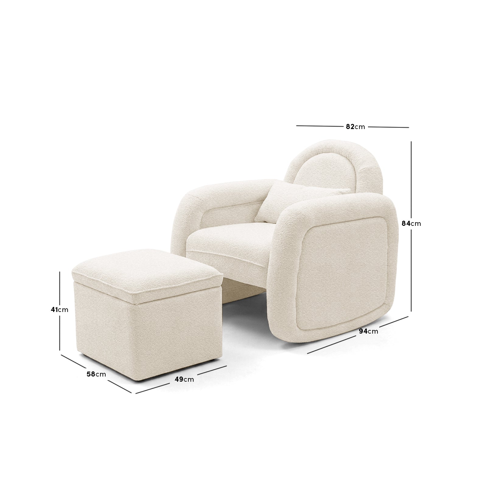 Armchair and ottoman with dimensions displayed on white background