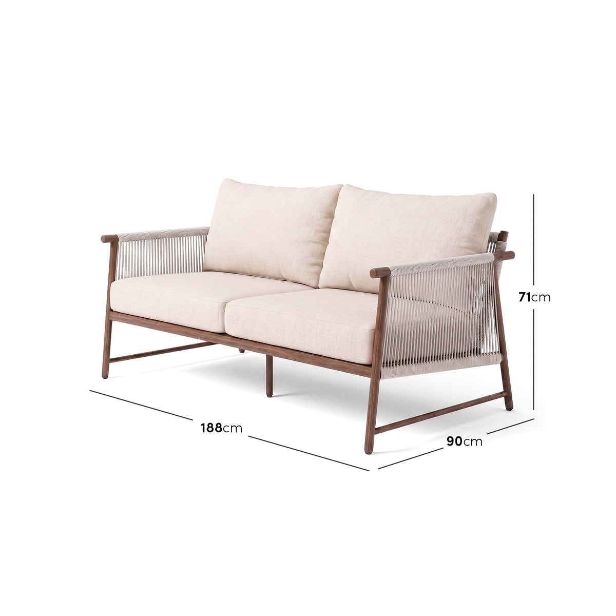 Two-seater sofa on white background with dimensions marked
