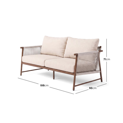 Two-seater sofa on white background with dimensions marked