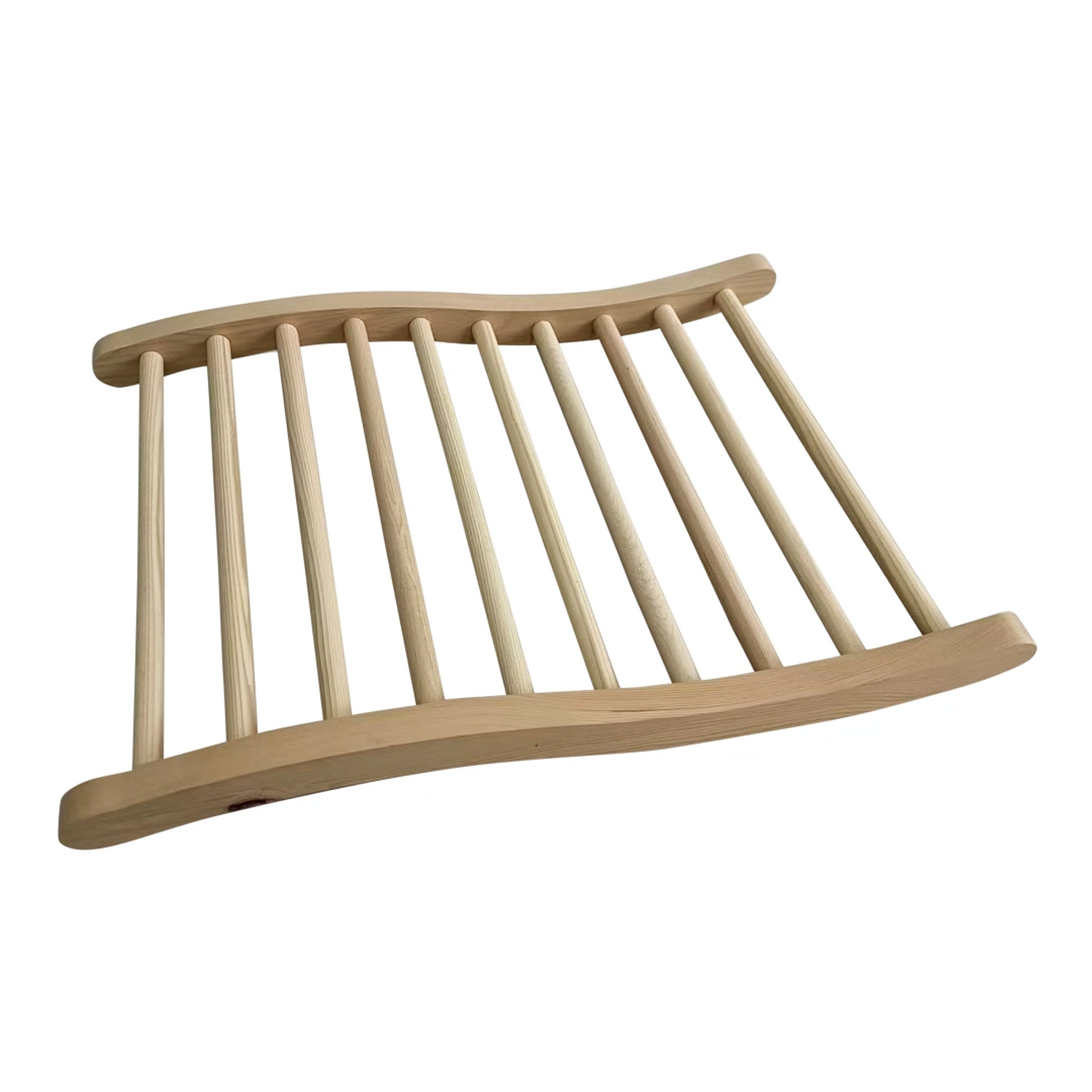 Curved wooden rack or trivet on a white background.