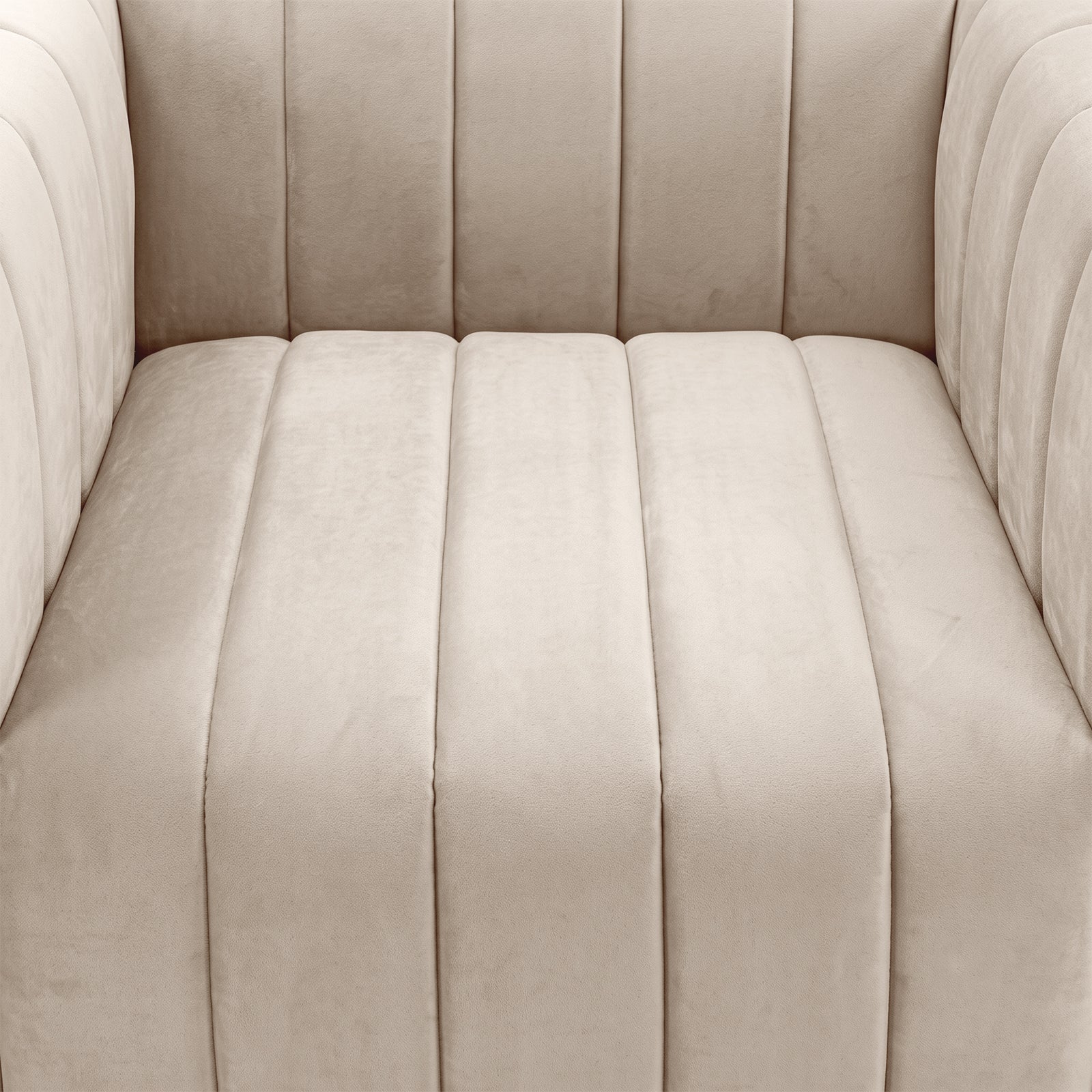 Close-up view of a beige upholstered chair showing seat, arms, and part of the backrest
